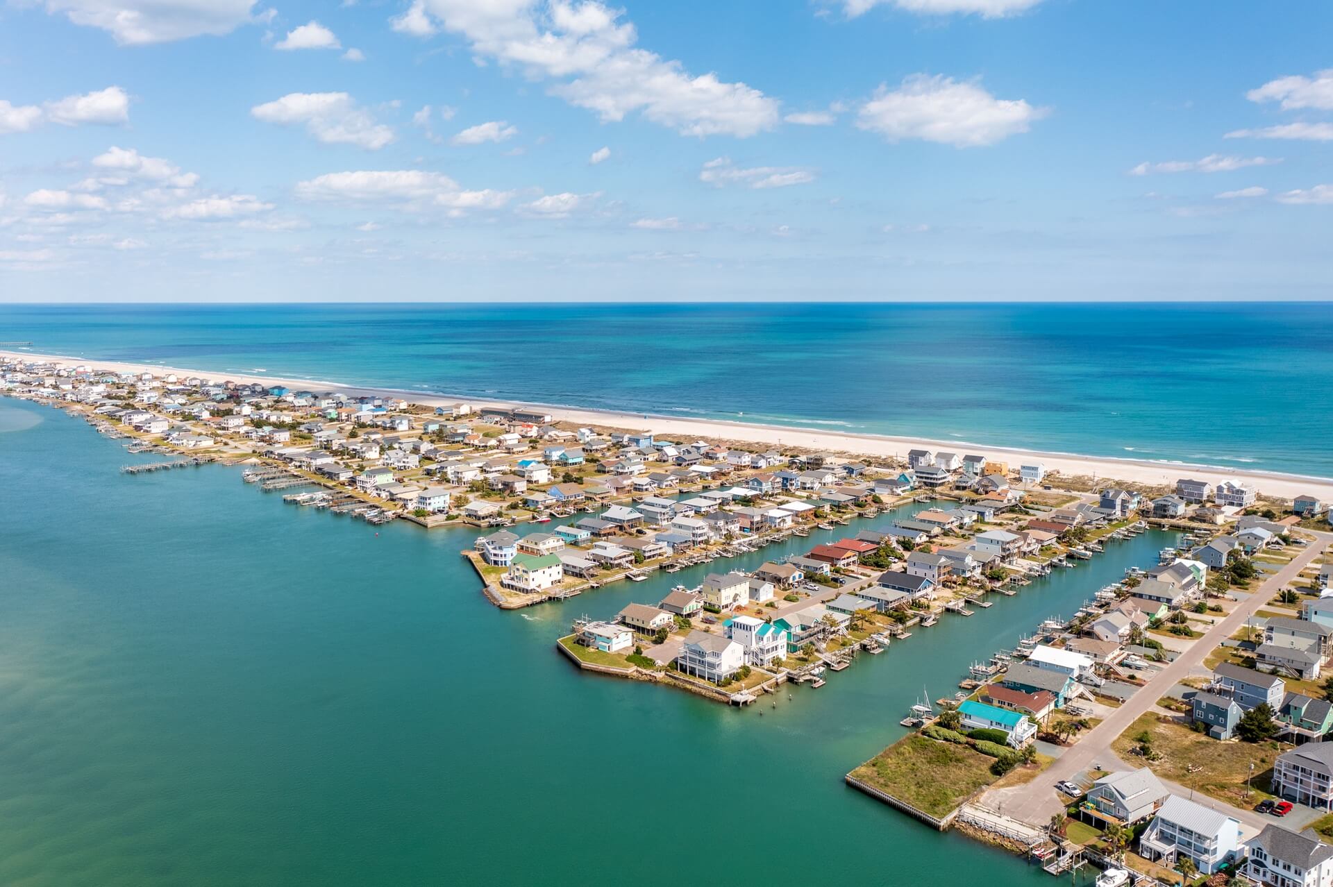 Aerial view of Topsail Island homes and coastline
