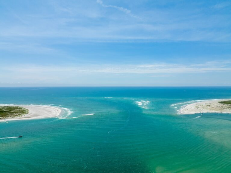 Aerial view of New Topsail Inlet and the sandy ends of the barrier islands near Serenity Point