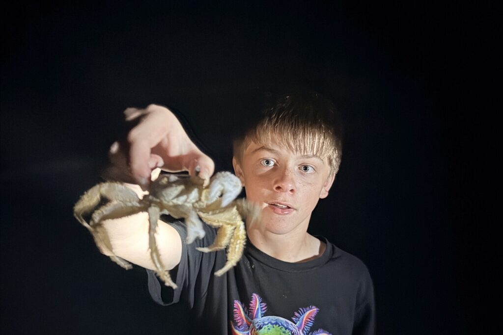 Everett Baker holding a large ghost crab at night on Topsail Island