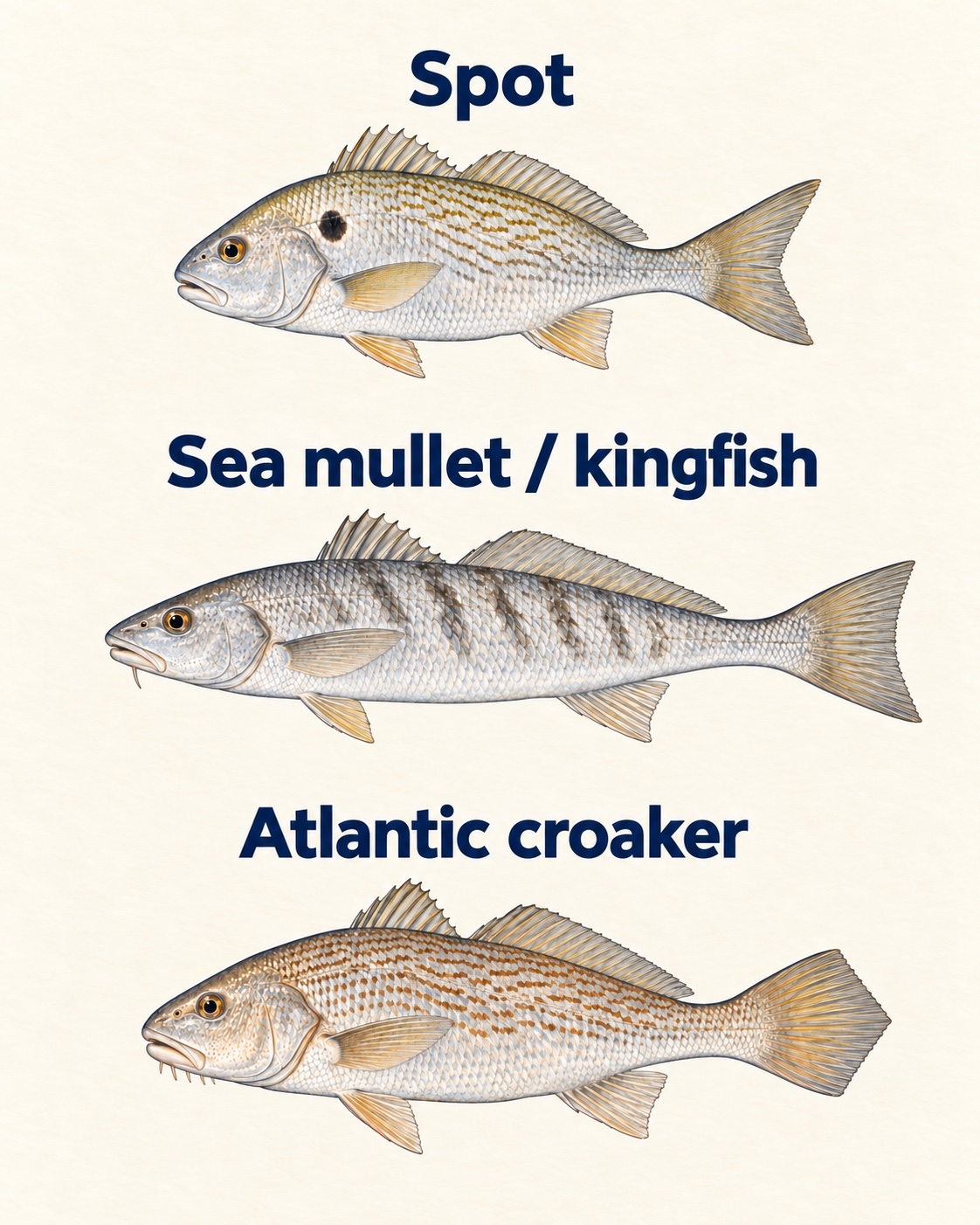 Three fish with their names printed above each illustration: Spot, Sea mullet / kingfish, and Atlantic croaker.