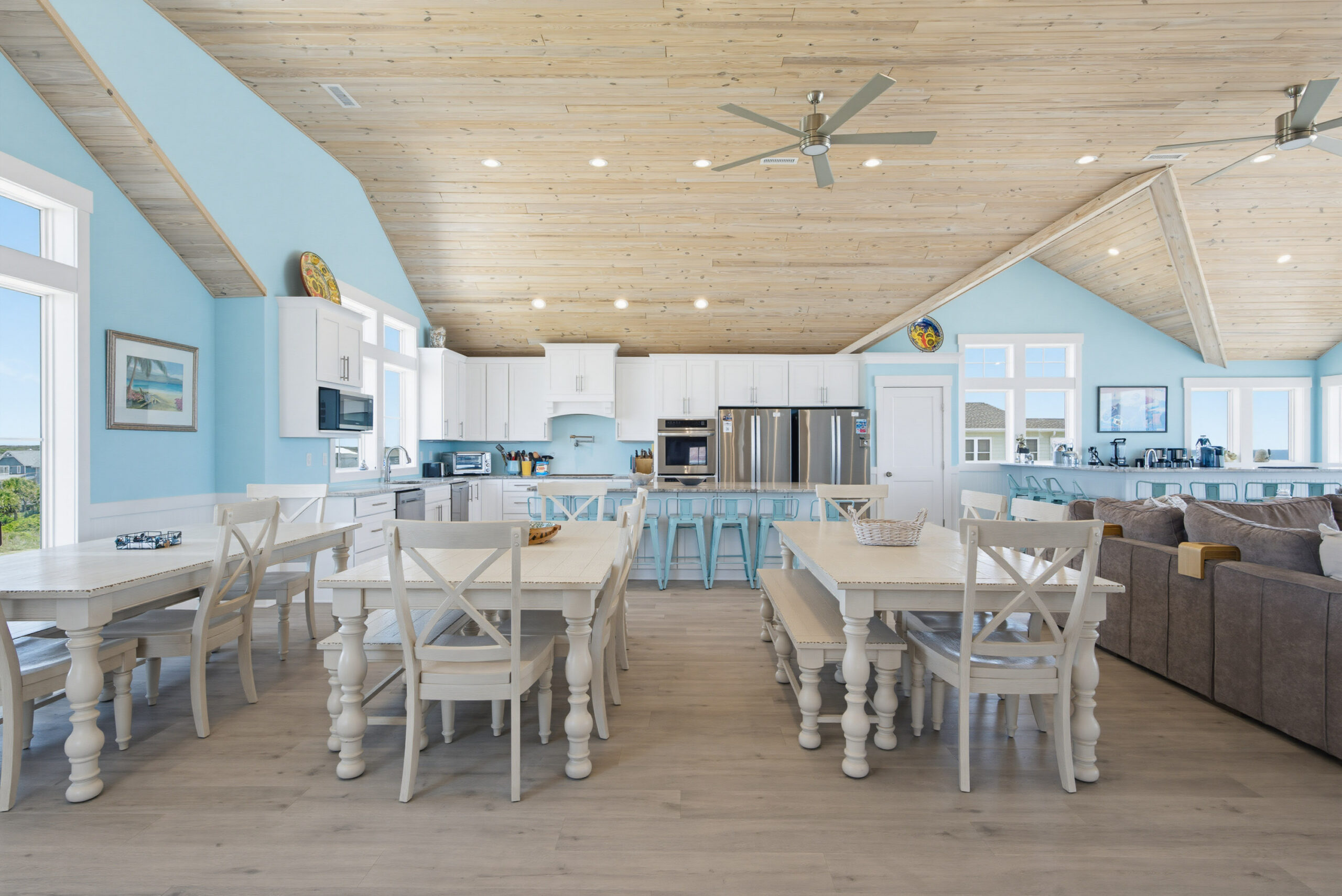 Azurelair kitchen and three dining tables arranged for a large Topsail Island group