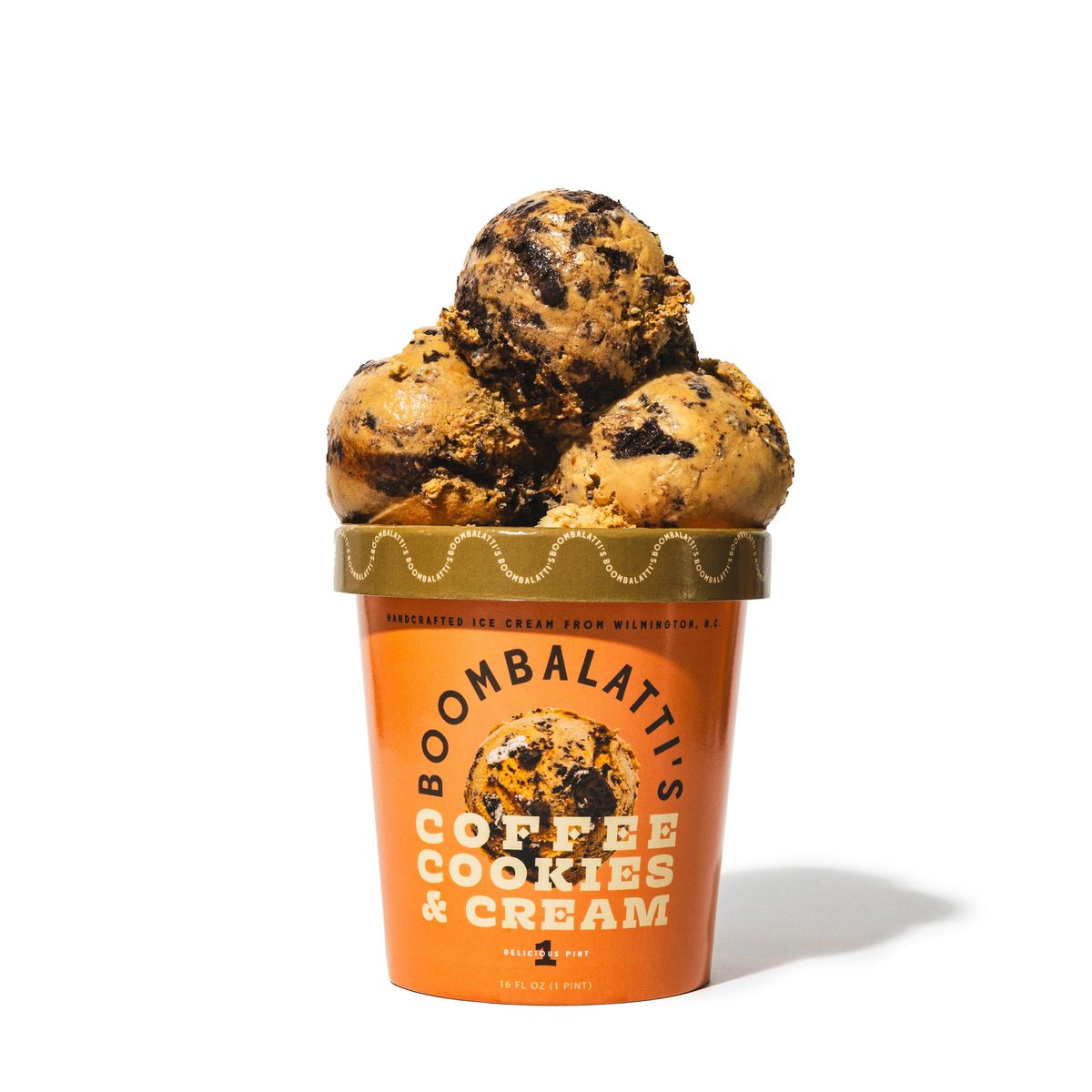 Scoops of Boombalatti’s Coffee Cookies & Cream on top of a pint