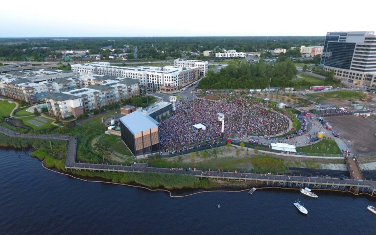 Aerial view of Live Oak Bank Pavilion on the Cape Fear River