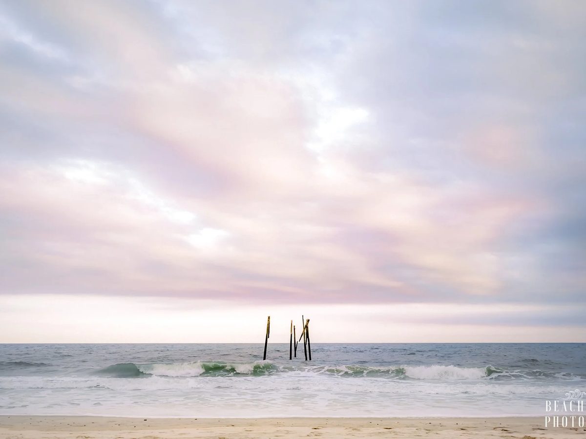 Old pier pilings at North Topsail Beach at dusk