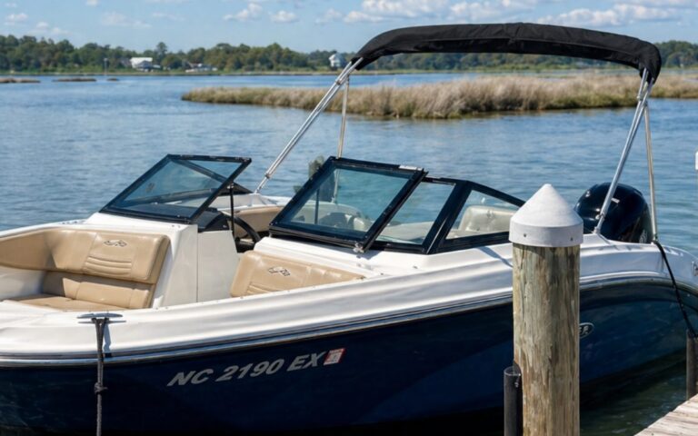 A rental deck boat tied at a dock with marsh behind