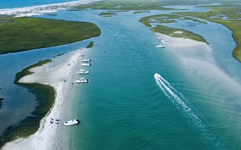 Aerial view of an inlet, sandbar and marsh