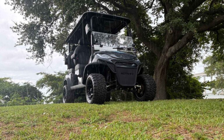 A black lifted golf cart under a live oak