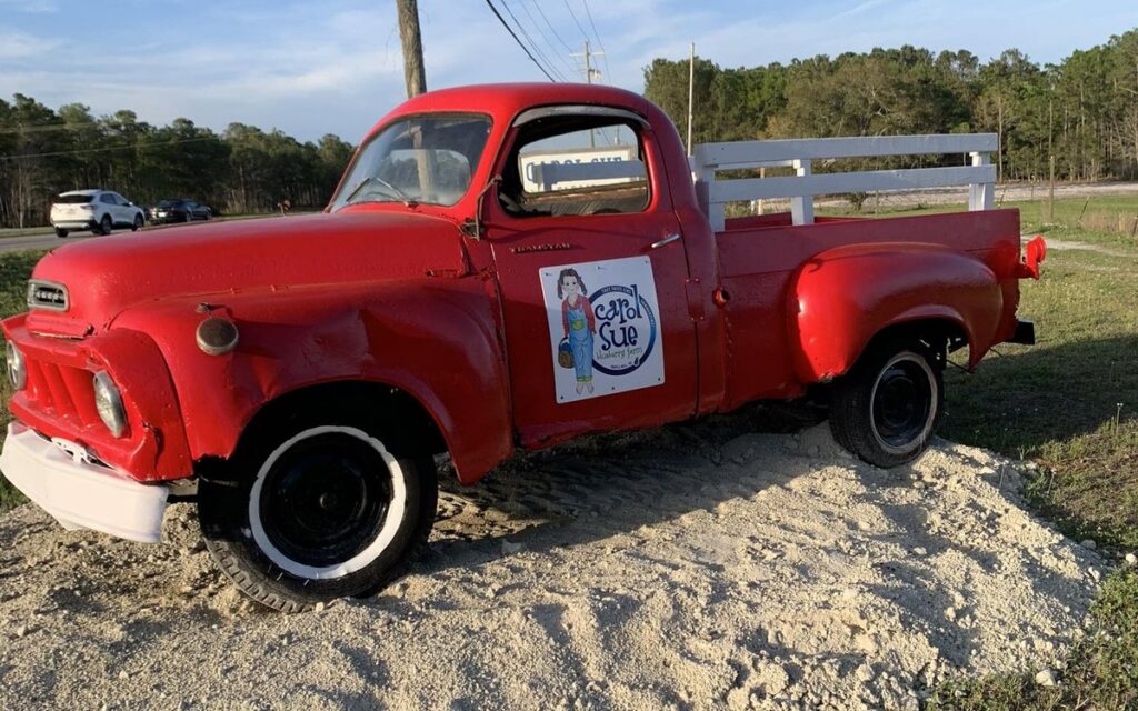Red Carol Sue Farms truck at the farm entrance